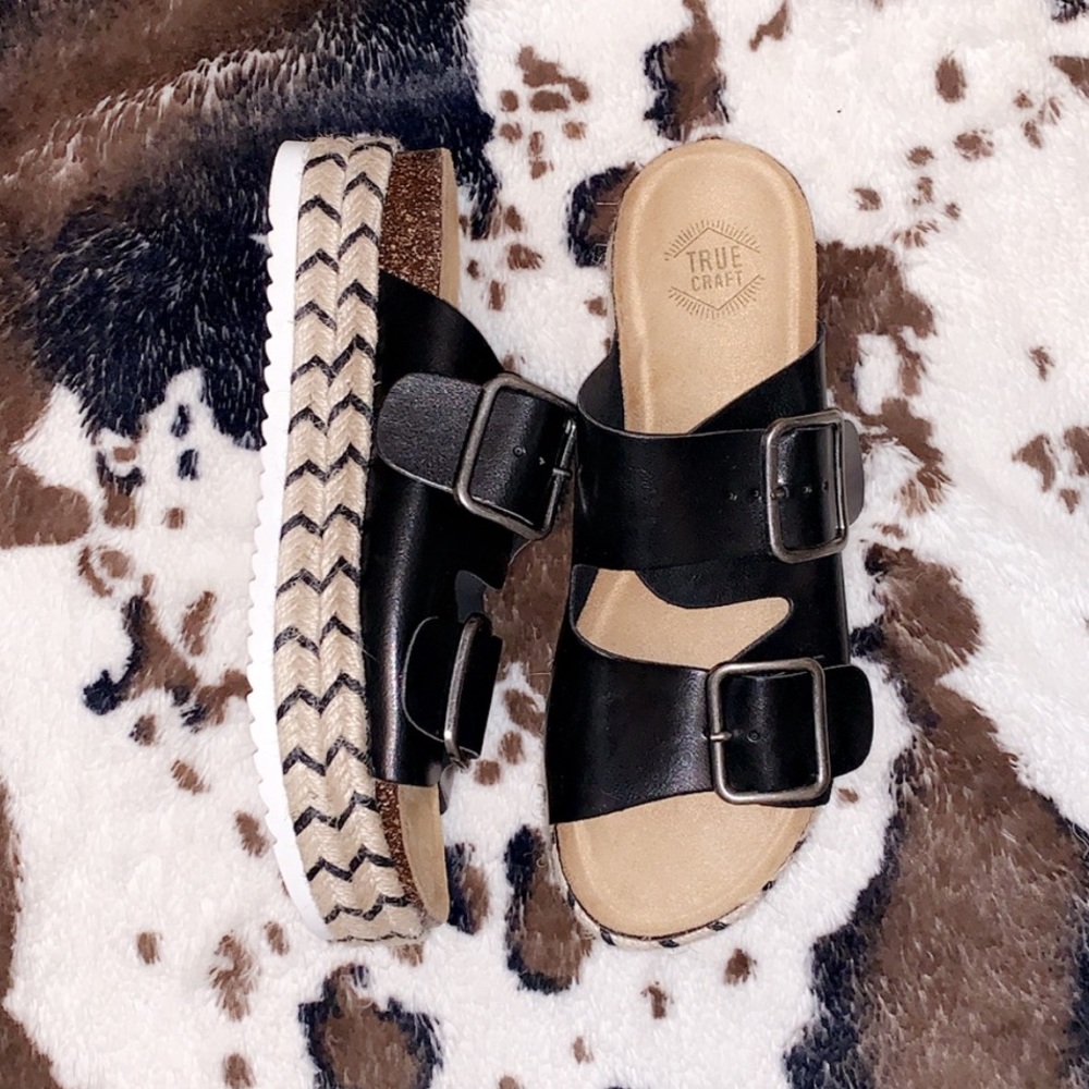 Black platform buckle sandals